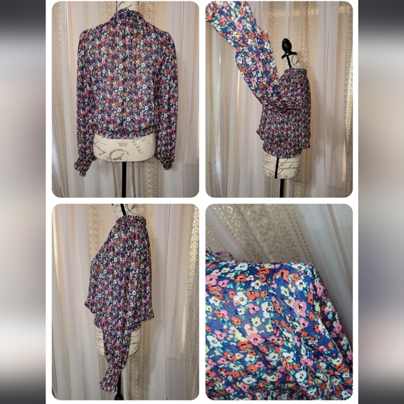 🌹Rachel Zoe blue floral puffed sleeve smocked waist/cuff tie neck, sz med - Picture 5 of 9